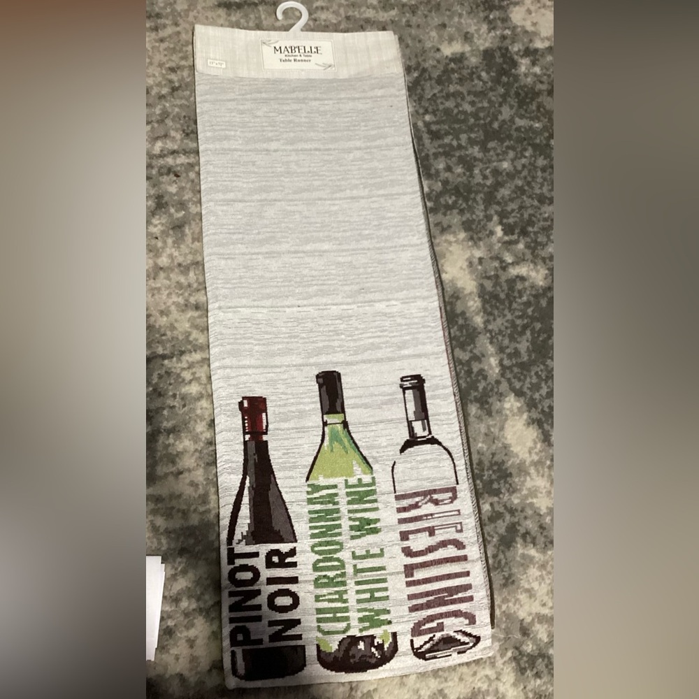 Wine bottle table runner, grey woven with three bottles, 13x72